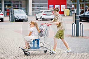 A School Boy Pushes the Cart While a Preschool Girl Happily Sits Inside, as They Enjoy a Fun Family Shopping Trip. Happy