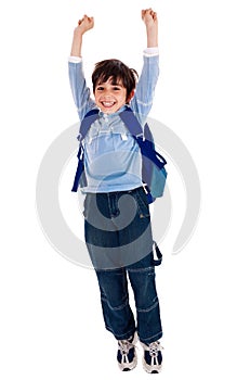 School boy raising his arms in joy