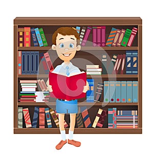 School boy reading a book and library