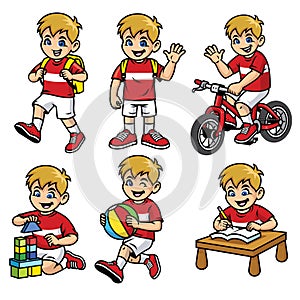 School boy set in various poses and activities
