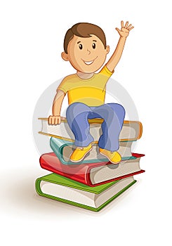 School boy sitting on the book stack.