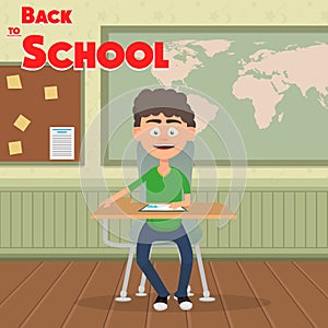 School boy sitting at the lesson in the classroom. Vector illustration