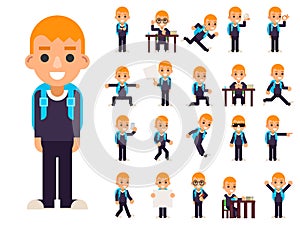 School Boy Student Pupil in Different Poses and Actions Teen Characters Kid Icons Set Isolated Education Knowledge Flat