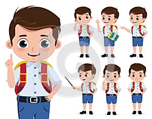 School boy vector character set. Back to school kid student characters in standing pose.