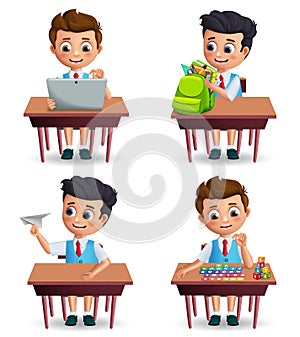 School boy vector character set. Student kids on a desk while doing school activities photo