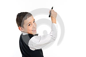 School boy wrighting or drawing with pen isolated