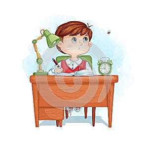 School boy writes homework and is distracted by a flying bee. Vector school character. photo