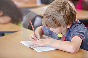 School, boy and writing in book in classroom, desk and studying for education, knowledge and learning assessment. Child
