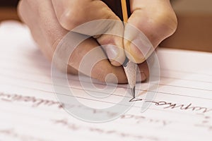 School Boy Writing Close Up. Pencil in Children Hand.