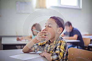 School boy yawing on class photo