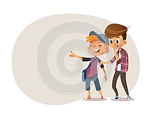 School boys and aughing and pointing at something. Bulling at school. Vector illustration