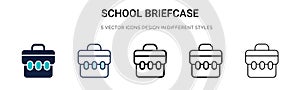 School briefcase icon in filled, thin line, outline and stroke style. Vector illustration of two colored and black school
