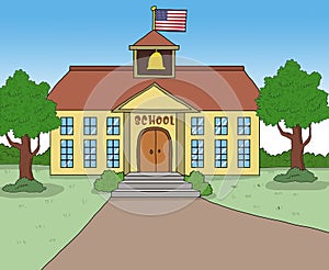 School building with America flag upside cartoon