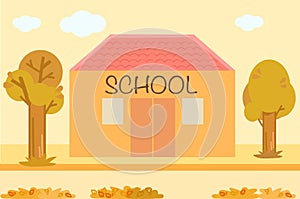 School building in autumn, cartoon illustration