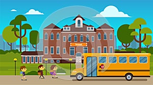 School building, bus and school front yard with children going to school. Flat style. Vector illustration