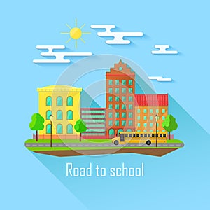 School building, bus and front yard with students children. Flat style vector illustration