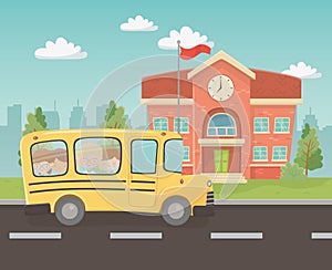 School building and bus with kids in the landscape scene