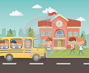 School building and bus with kids in the landscape scene