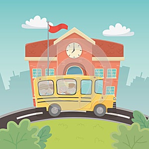 School building and bus with kids in the landscape scene