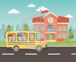 School building and bus with kids in the landscape scene