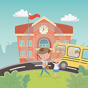 School building and bus with kids in the landscape scene