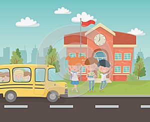 School building and bus with kids in the landscape scene