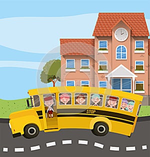 School building and bus with kids in the road scene