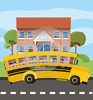 School building and bus with kids in the road scene