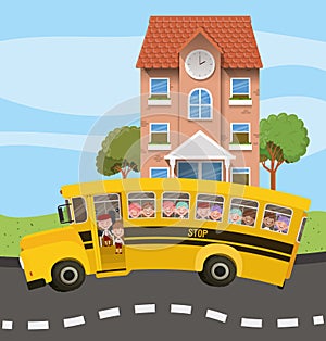 School building and bus with kids in the road scene