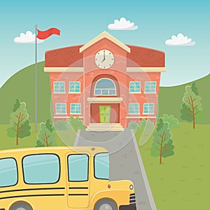 School building and bus in the landscape scene