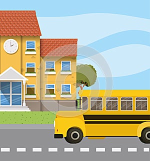 School building and bus in the road scene