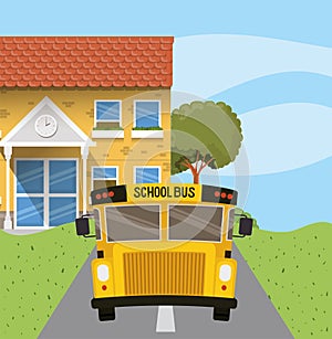 School building and bus in the road scene