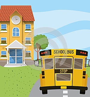 School building and bus in the road scene