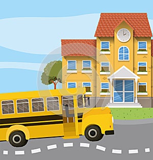 School building and bus in the road scene