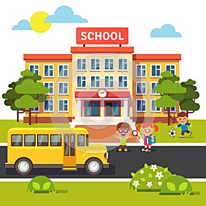 School building, bus with students children