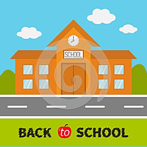 School building with clock and windows. City construction. Road, sky, cloud. Education clipart collection. Back to school. Flat de