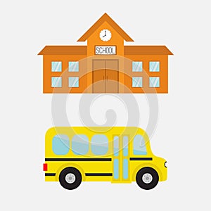 School building with clock and windows. City construction. Yellow school bus kids.