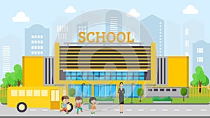 School building facade vector illustration. Yellow school bus brought children girl and boys to learning. Beautiful