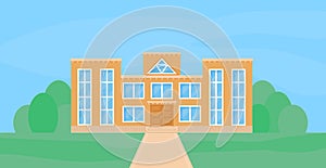 School building flat cartoon vector illustration. Front view.