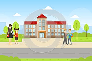 School Building and Front Yard with Cheerful Students and Parent, Back to School Concept Cartoon Vector Illustration