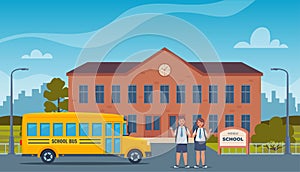 School building and front yard with happy pupils. Kids and yellow classic school bus. Back to school concept. Vector illustration