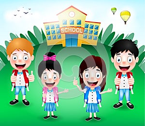 School Building with Happy Cute Little Kids Characters and Hot air Balloons