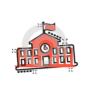 School building icon in comic style. College education vector cartoon illustration pictogram. Bank, government business concept