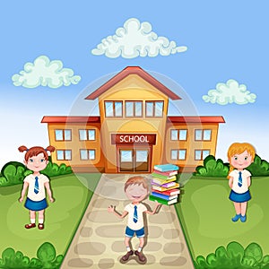 School building ilustration with happy children