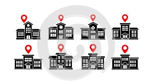 School building location icons with red map pins and black school structures vector set for education navigation symbols