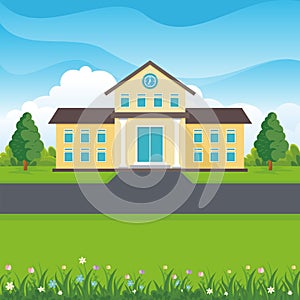 School building with nature lovely landscape cartoon