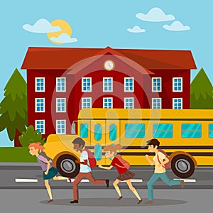 School Building. Scholars Running to School. School Bus photo