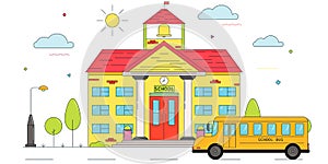 School building and school bus. Cute vector illustration isolated on white background