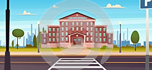 School building with the street. University modern concept illustration.