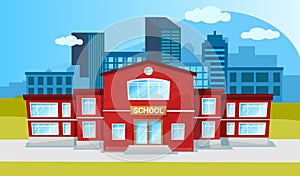 School building two-story red construction cartoon flat style. Sructure for children in cityscape photo